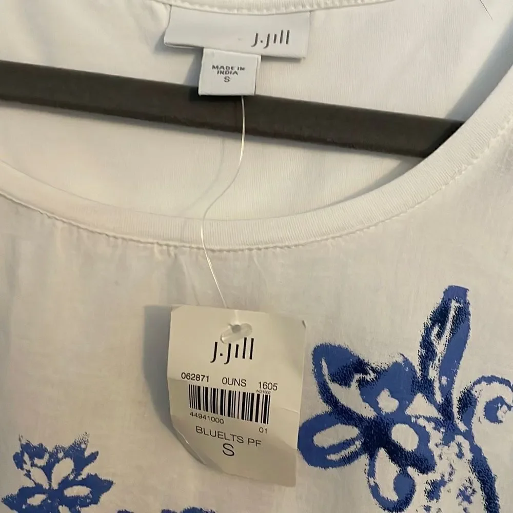 J. Jill Floral Scoop Neck White Cotton Shirt Small